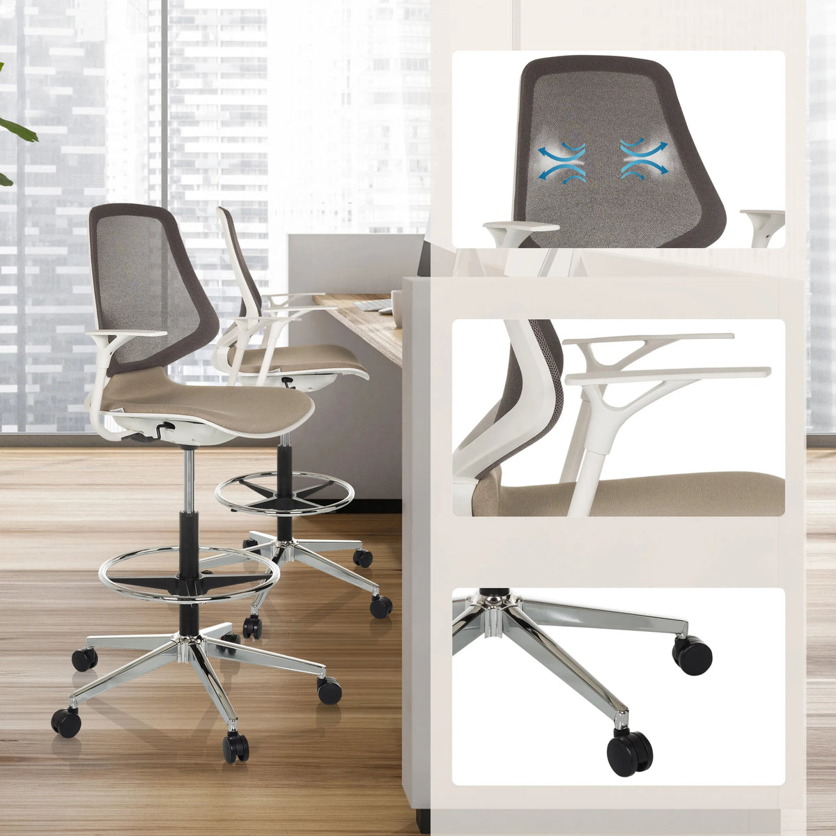 Silla de mostrador TOP WORK STYLE en beige con respaldo de malla, aro reposapiés y base cromada con ruedas de hjh OFFICE