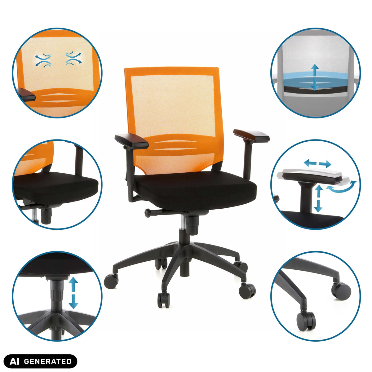 Silla de oficina profesional PORTO BASE en color negro-naranja con diversas opciones de ajuste de hjh OFFICE (imagen generada por IA)