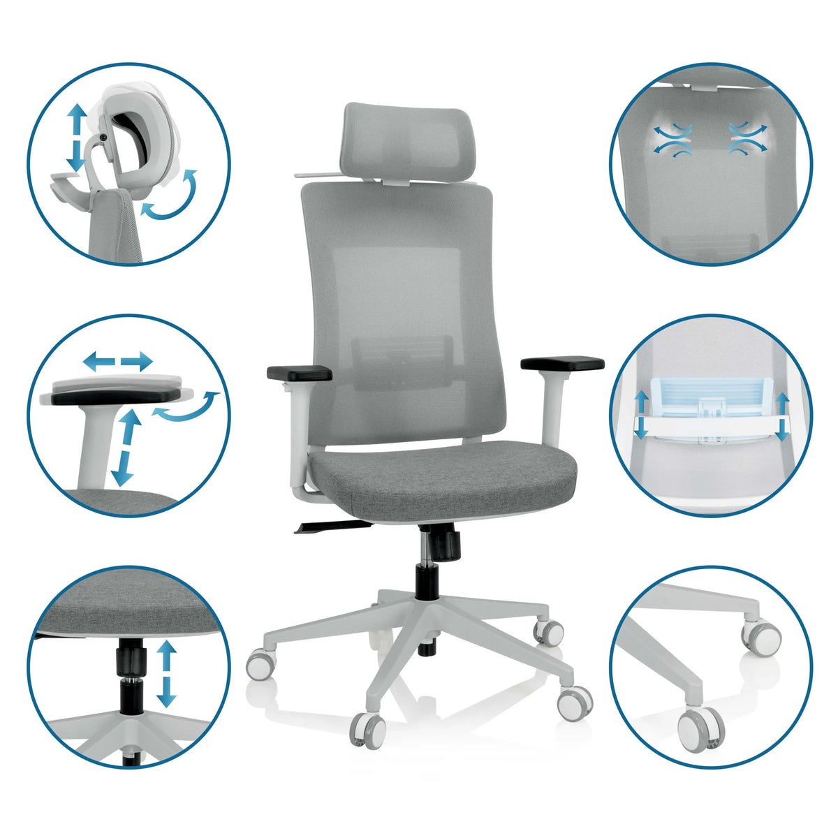 Silla de oficina profesional COMFIO WMH en color gris con diversas opciones de ajuste para el reposacabezas y los reposabrazos de hjh OFFICE