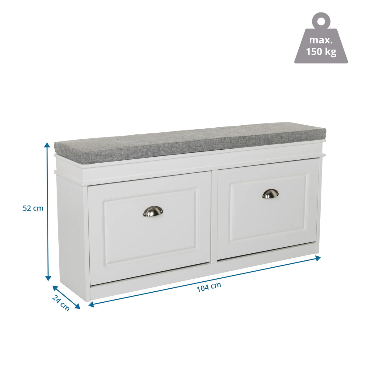 Dibujo dimensional del armario zapatero ESTHA I de 104 × 52 cm y capacidad de carga de hasta 150 kg de hjh LIVING