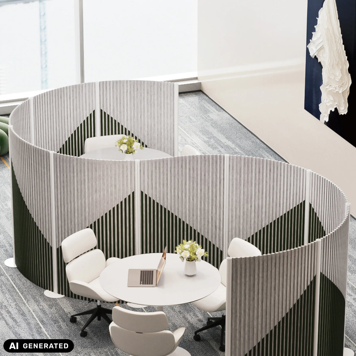 Separadores Flexmiut Wave grises con estructura de lamas verticales como pantalla visual de hjh OFFICE (imagen generada por IA)