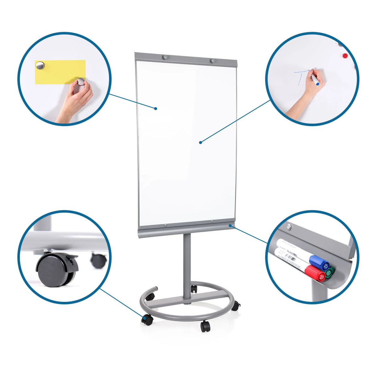 Pizarra blanca MULTIBOARD en color plata con ruedas, bandeja para rotuladores y una superficie de escritura blanca de hjh OFFICE