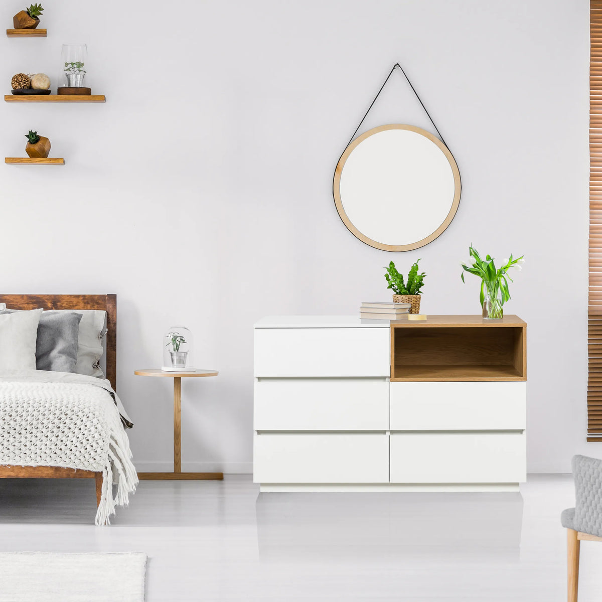 Aparador MELMO S en blanco y roble con tres cajones y un estante abierto de hjh LIVING