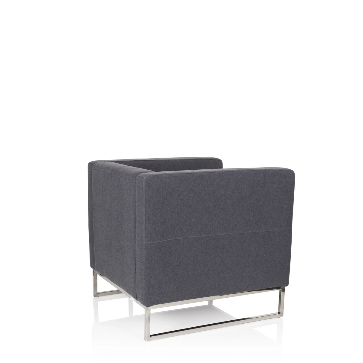 Sillón tapizado BARBADOS gris oscuro con diseño cuadrado y estructura metálica de hjh OFFICE – vista de 360° (vista trasera en diagonal 120°)