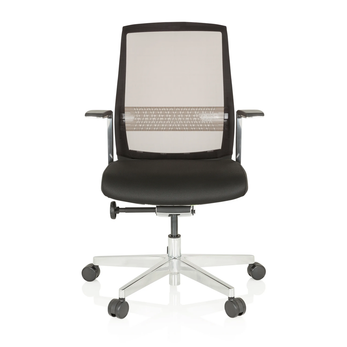 Silla alta gama FOUNTAINE PRO negra con respaldo de malla y base de cinco ruedas de hjh OFFICE – vista de 360° (vista frontal 0°)