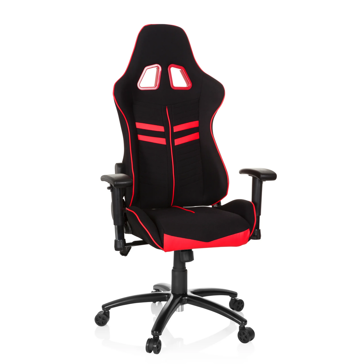 Silla gaming LEAGUE PRO I en negro y rojo con dos aberturas para el reposacabezas y base de cinco ruedas de hjh OFFICE – vista de 360° (vista frontal 20°)
