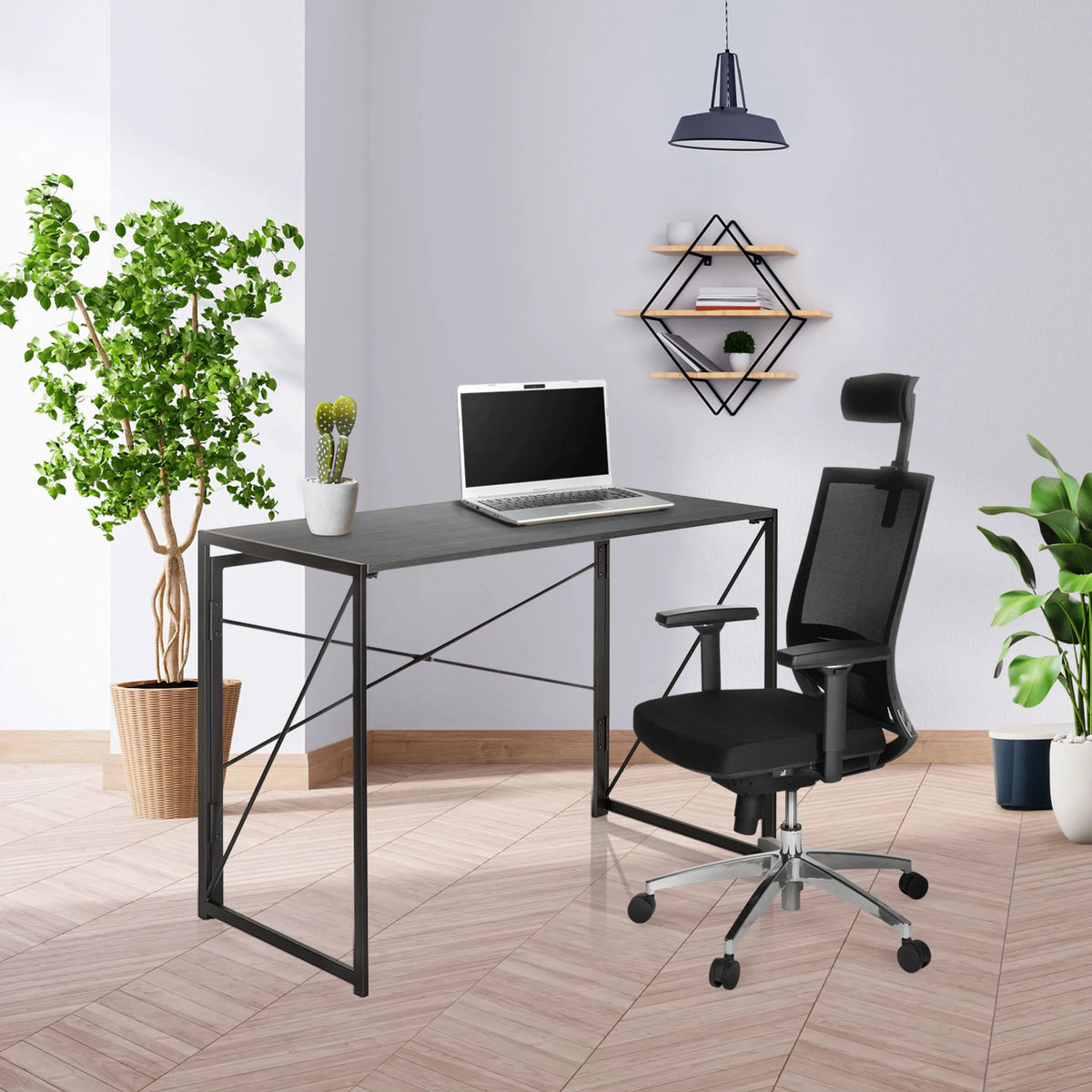 Escritorio plegable negro EASY UP MULTI de 100 x 50 cm con un portátil de hjh OFFICE
