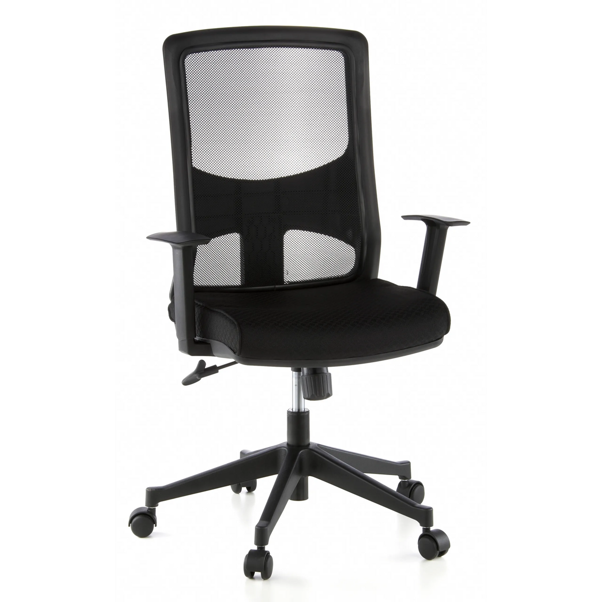 Silla de oficina profesional LAVITA negra con respaldo de malla y base de cinco ruedas de hjh OFFICE – vista de 360° (vista frontal 20°)