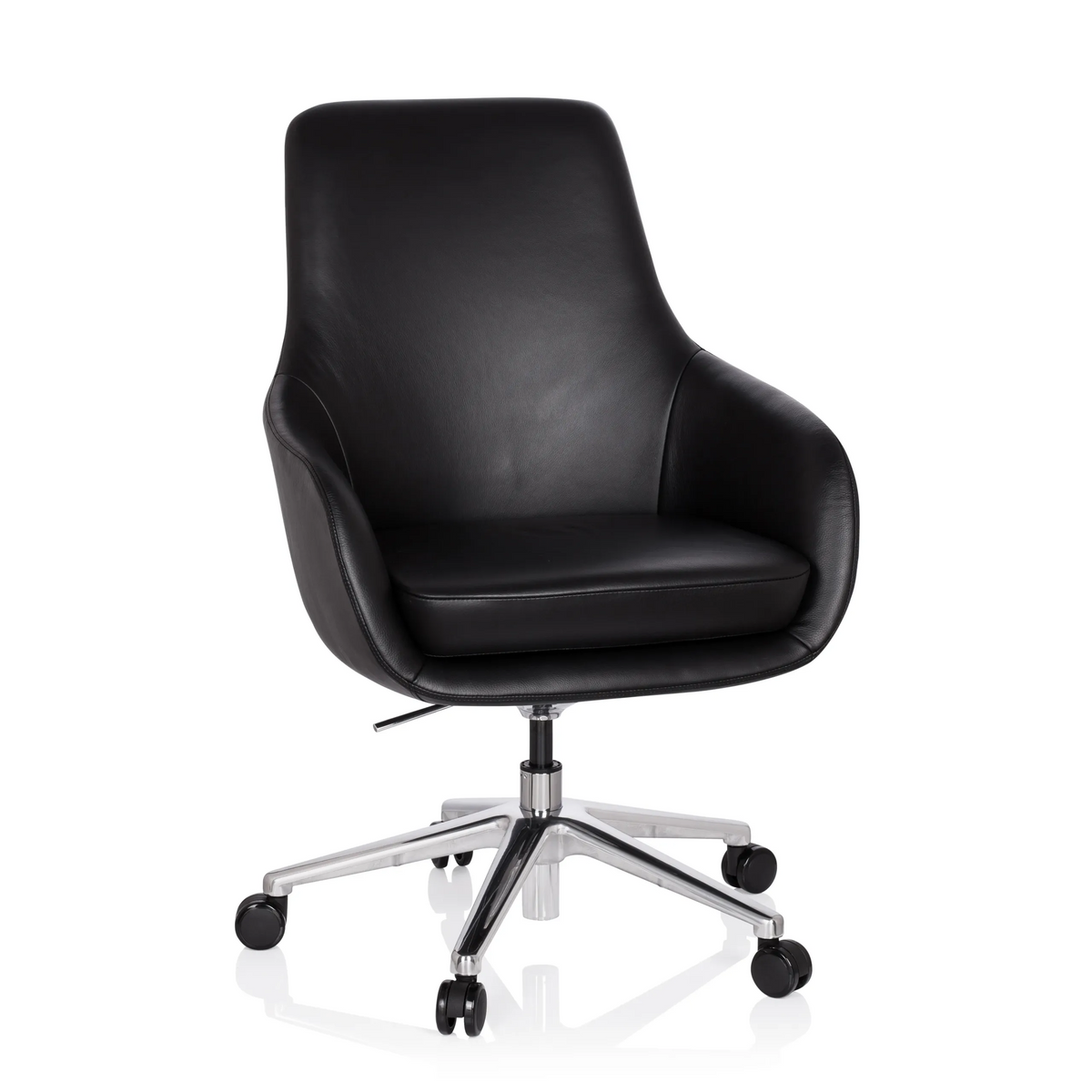 Sillón de oficina profesional BARENO negro con tapizado de cuero y base de cinco ruedas de hjh OFFICE – vista de 360° (vista frontal 20°)