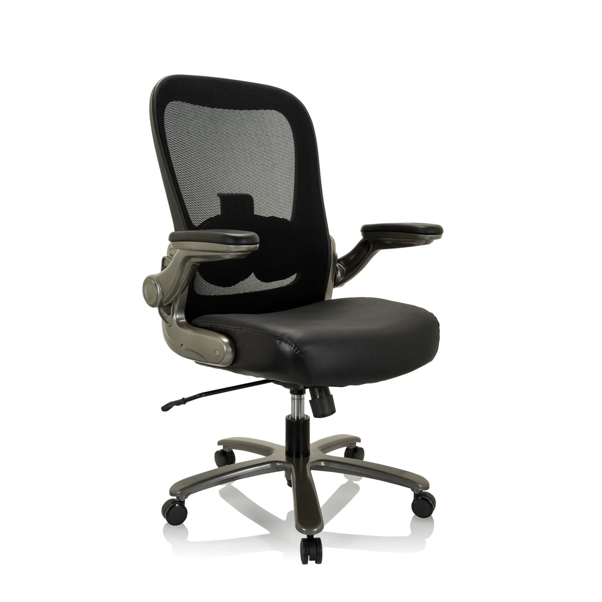 Silla giratoria XXL INSTRUCTOR T I negra con respaldo de malla, asiento de cuero y base de cinco ruedas de hjh OFFICE – vista de 360° (vista frontal en diagonal 40°)