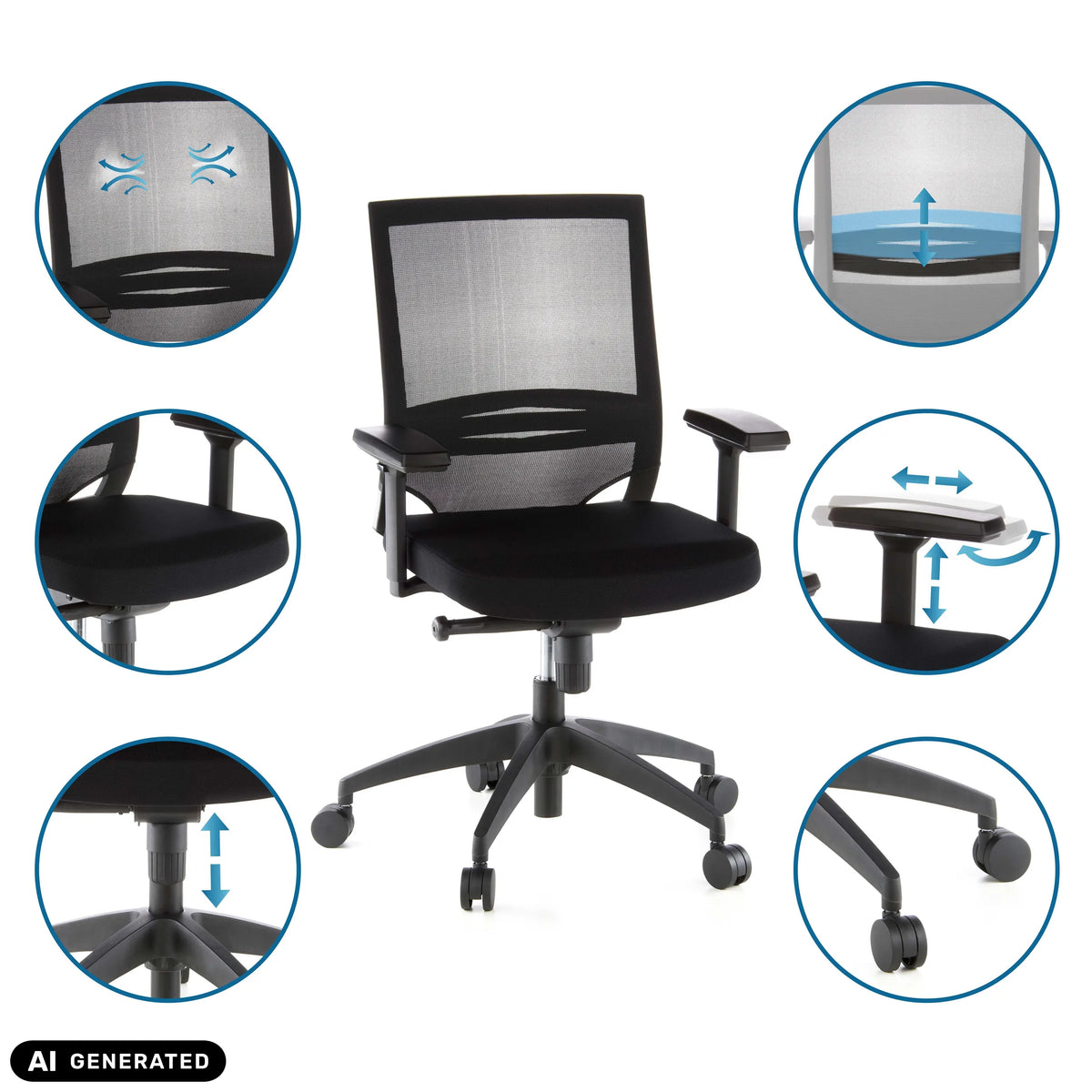Silla de oficina profesional PORTO BASE con varias opciones de ajuste y respaldo de malla de hjh OFFICE (imagen generada por IA)