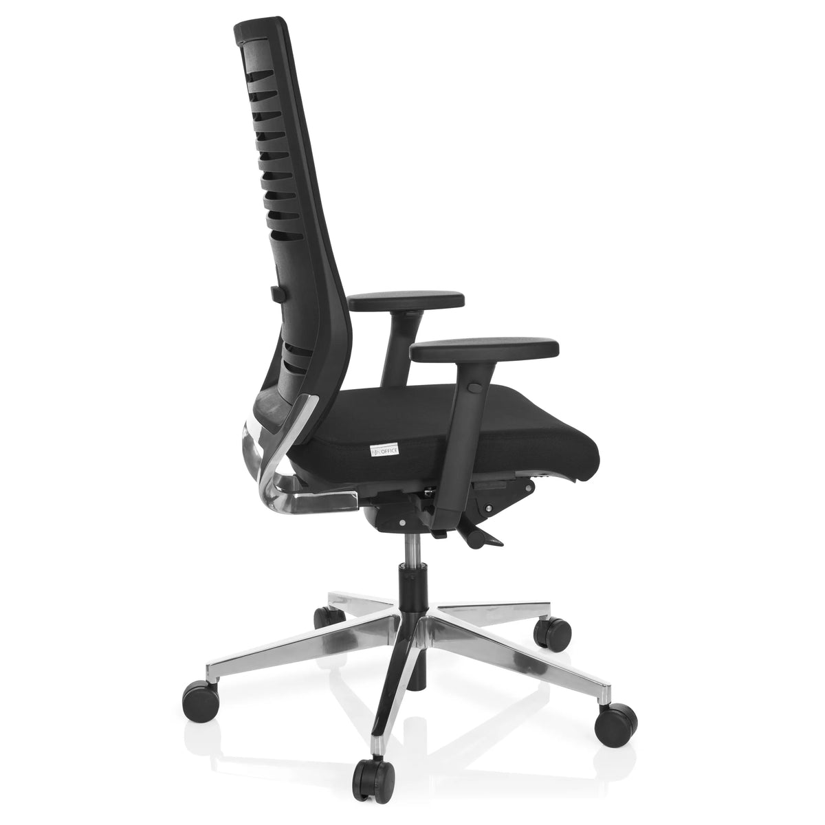 Silla de oficina profesional PRO-TEC 700 negra con reposabrazos y base brillante de cinco ruedas de hjh OFFICE – vista de 360° (vista lateral 100°)