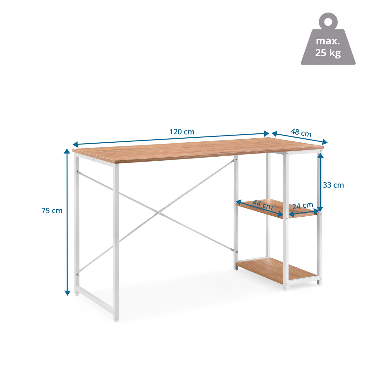 Dibujo dimensional del escritorio Easy Up2 con un ancho de 120 cm y una altura de 75 cm de hjh LIVING