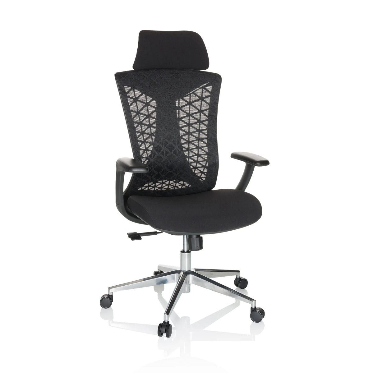 Silla de oficina profesional FALEO B negra con respaldo de malla y base de cinco ruedas de hjh OFFICE – vista de 360° (vista frontal 15°)