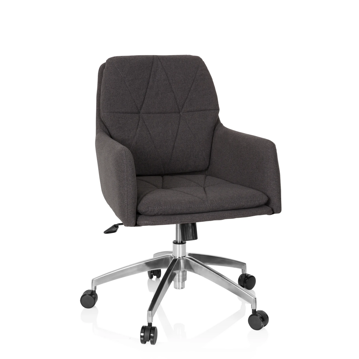 Silla Home Office SHAKE 350 en gris oscuro con patrón acolchado y base de cinco ruedas de hjh OFFICE – vista de 360° (vista frontal 20°)