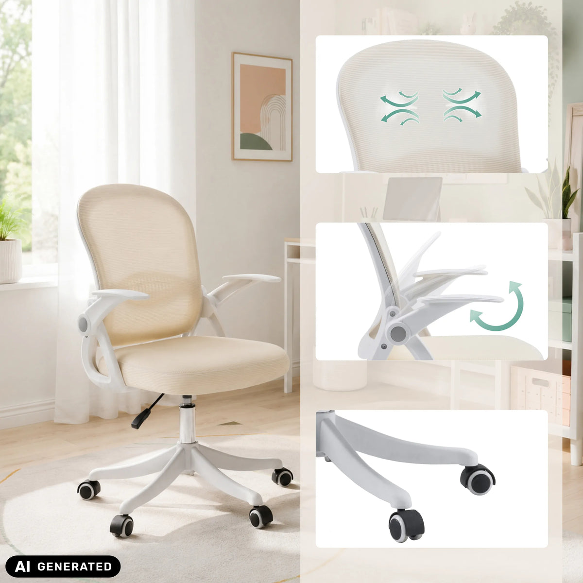 Silla Home Office Naluro en color beige con respaldo transpirable y base con ruedas de hjh OFFICE (imagen generada por IA)