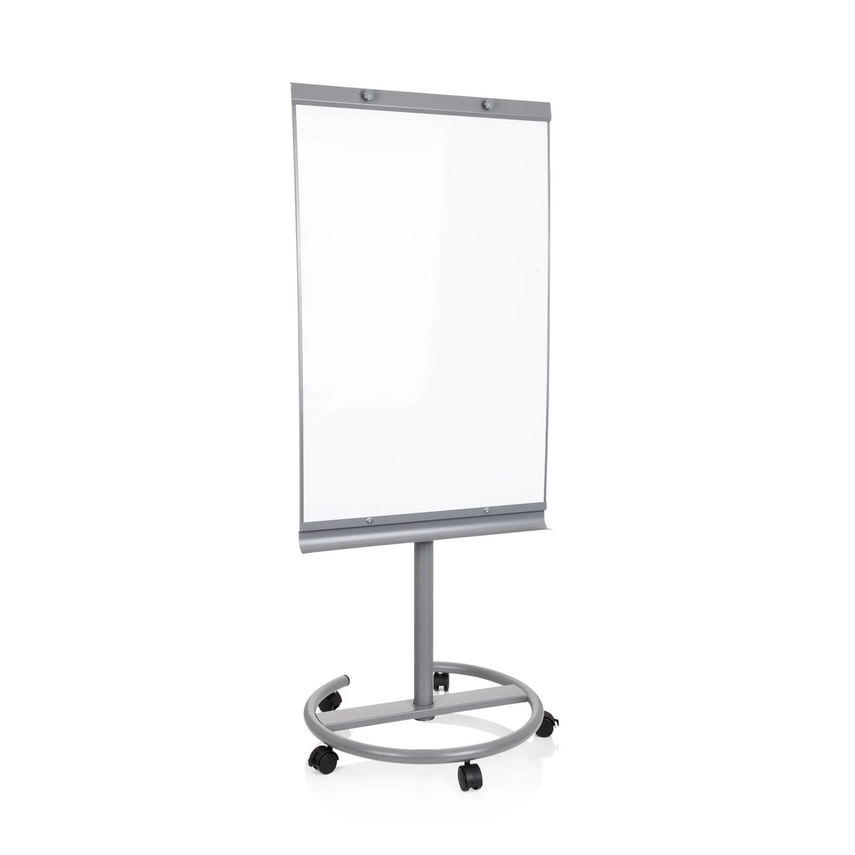 Pizarra blanca plateada MULTIBOARD sobre un soporte móvil con ruedas de hjh OFFICE – vista de 360° (vista frontal 17°)