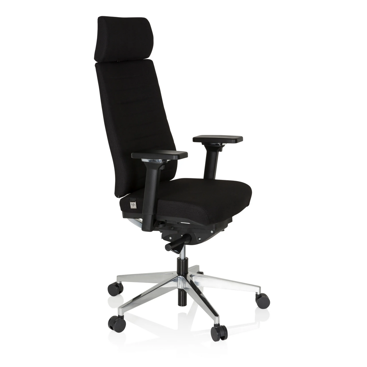 Silla de oficina profesional MOVE-TEC PRO 3D negra con reposacabezas y base de cinco ruedas de hjh OFFICE – vista de 360° (vista frontal en diagonal 60°)