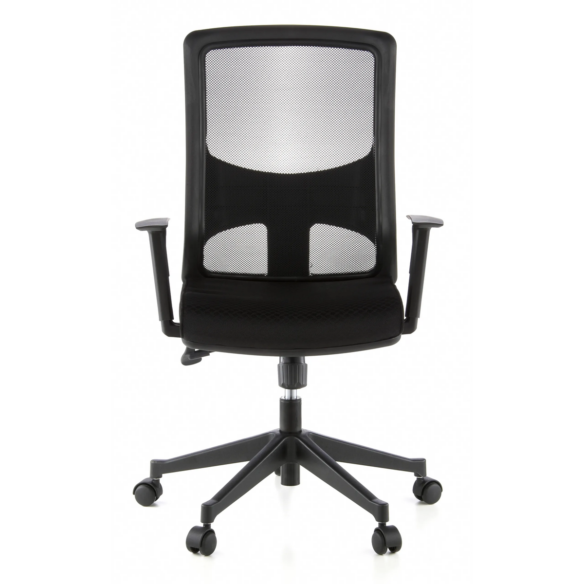 Silla de oficina profesional LAVITA negra con respaldo de malla y base de cinco ruedas de hjh OFFICE – vista de 360° (vista frontal 0°)