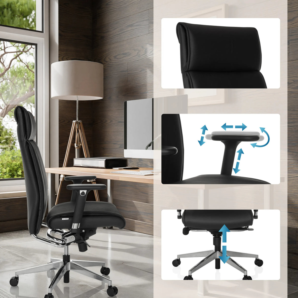 Reposabrazos ajustables, reposacabezas y pistón de gas del sillón de oficina profesional CURYO en negro de hjh OFFICE