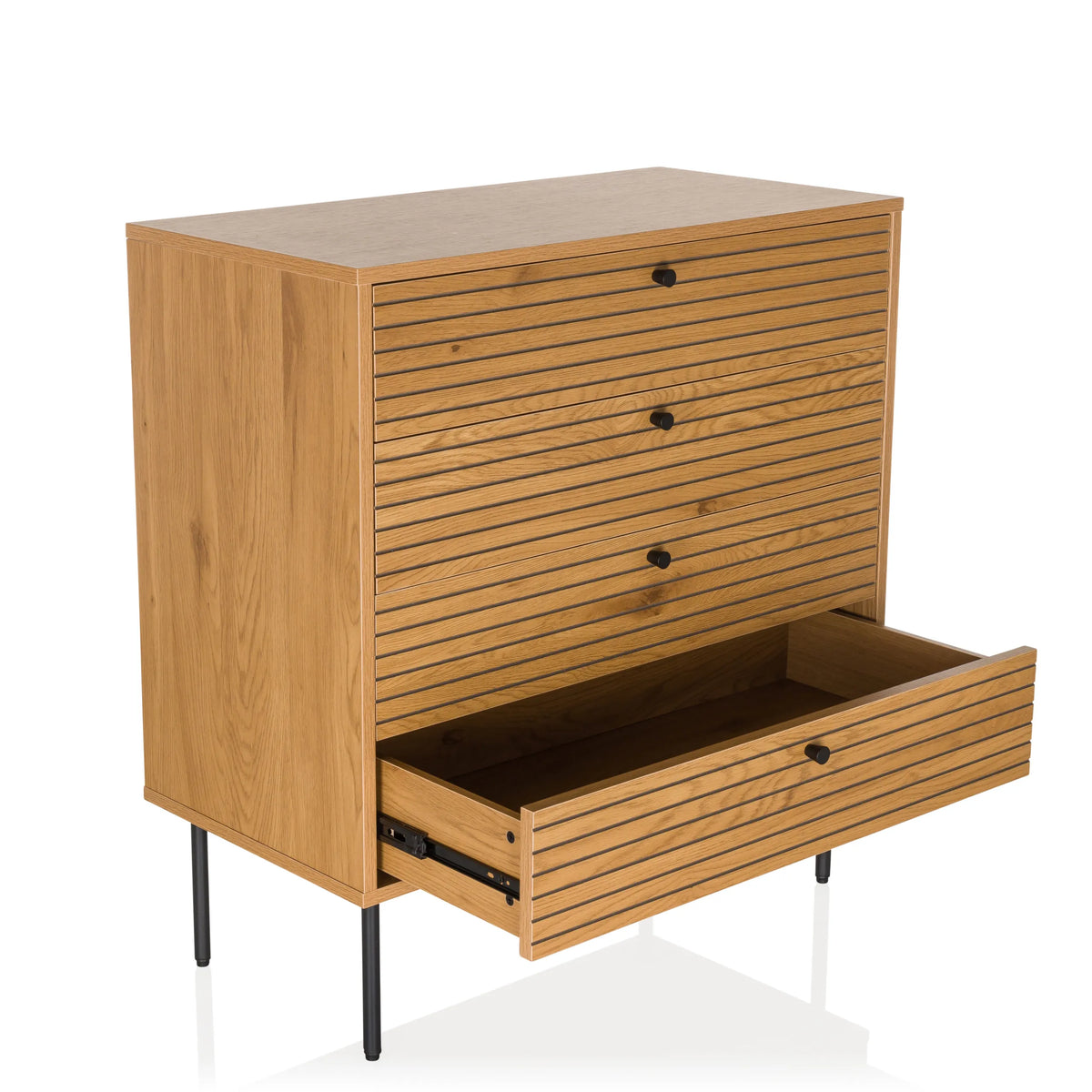 Cómoda LINNO K en roble con cuatro cajones, un cajón abierto y patas negras de hjh LIVING