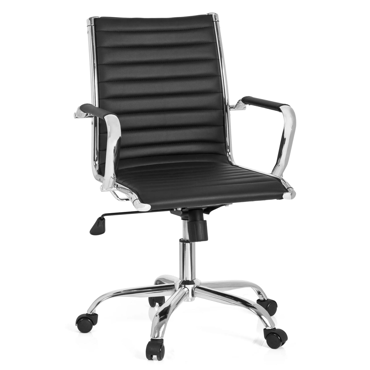 Sillón de oficina profesional VEMONA 10 negro con costura transversal y base de cinco ruedas de hjh OFFICE – vista de 360° (vista frontal 20°)