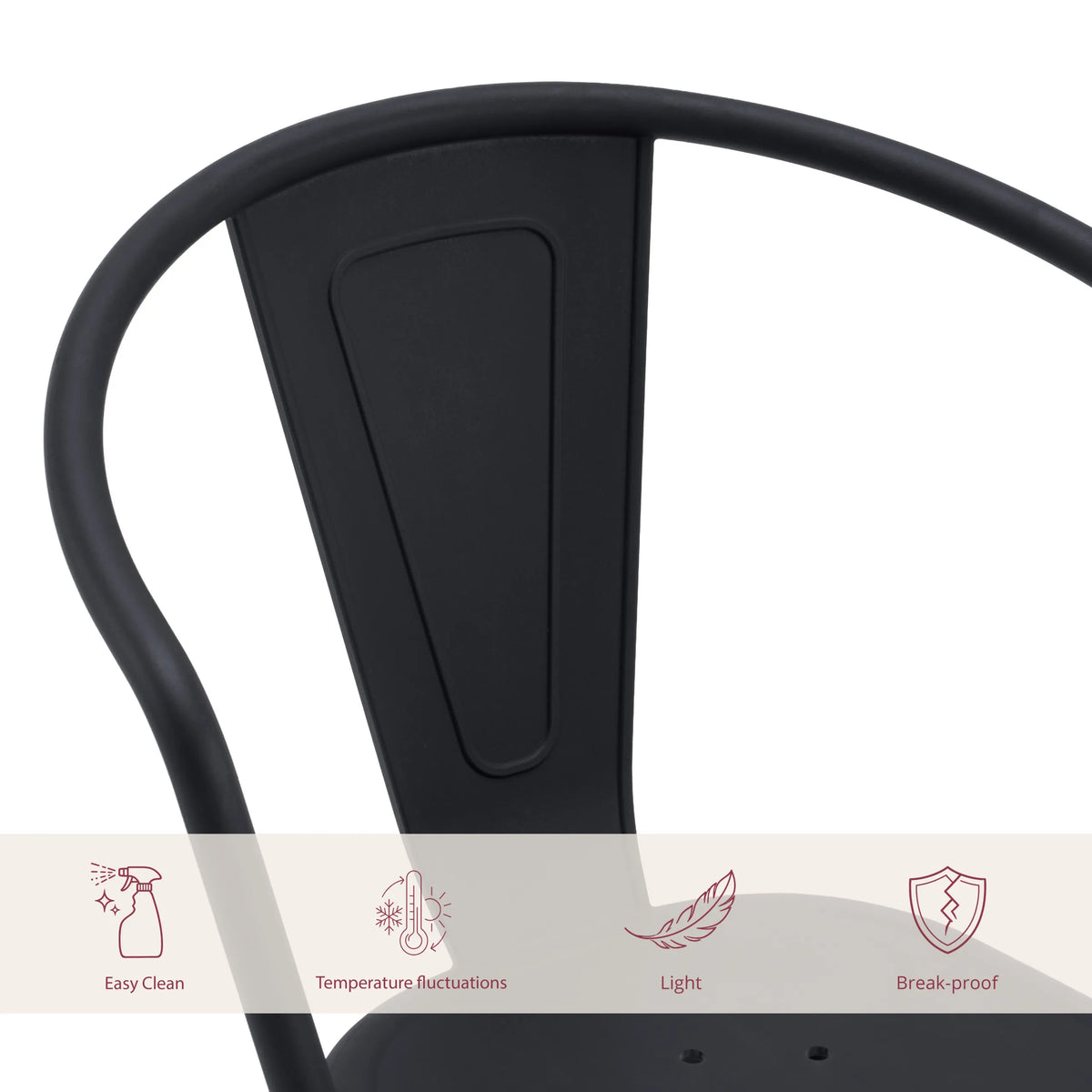 Respaldo de la silla de comedor Vantaggio Poly en negro con símbolos de cuidado y propiedades del material de hjh OFFICE