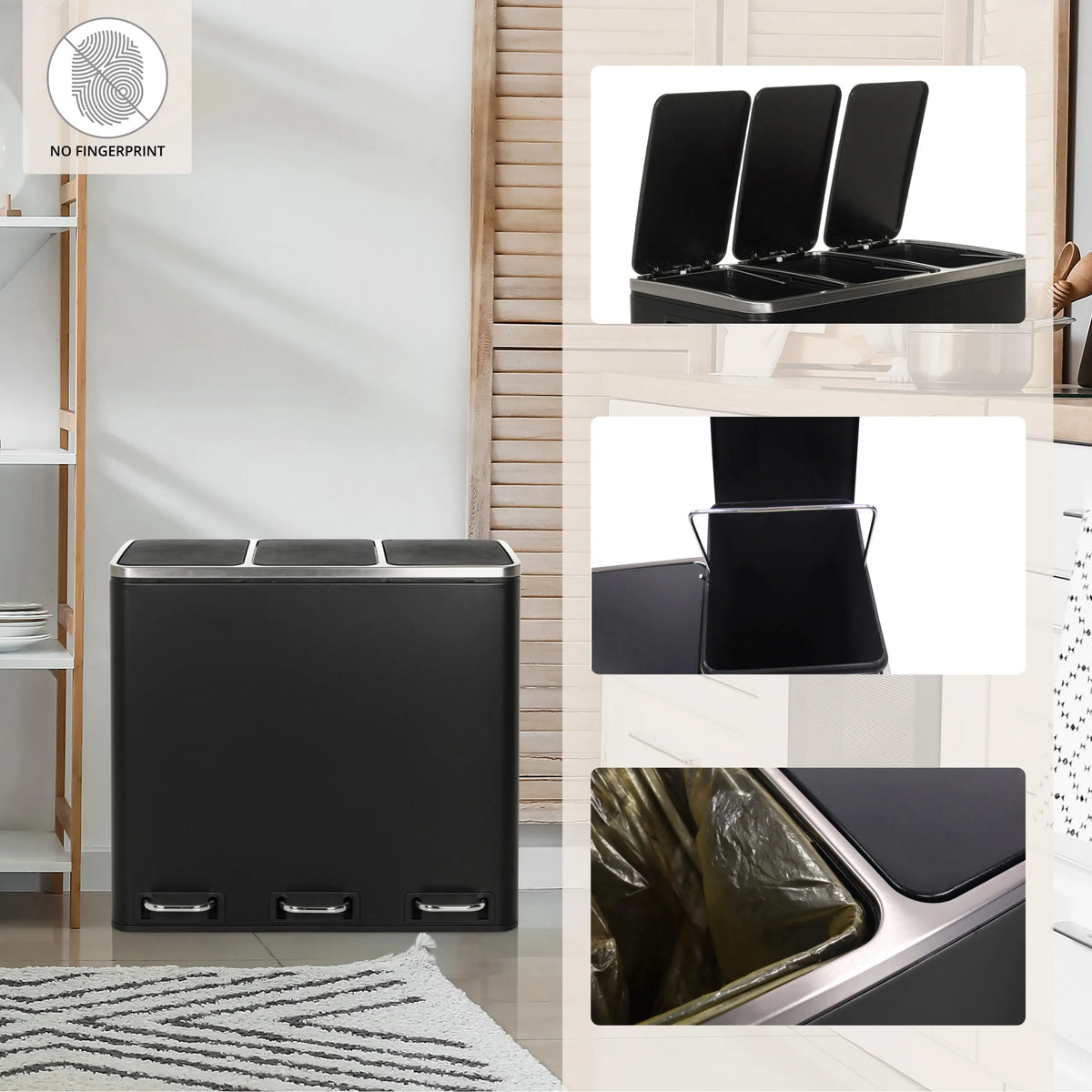 Papelera negra Clean 9 con tapa plateada junto a un escritorio de hjh OFFICE