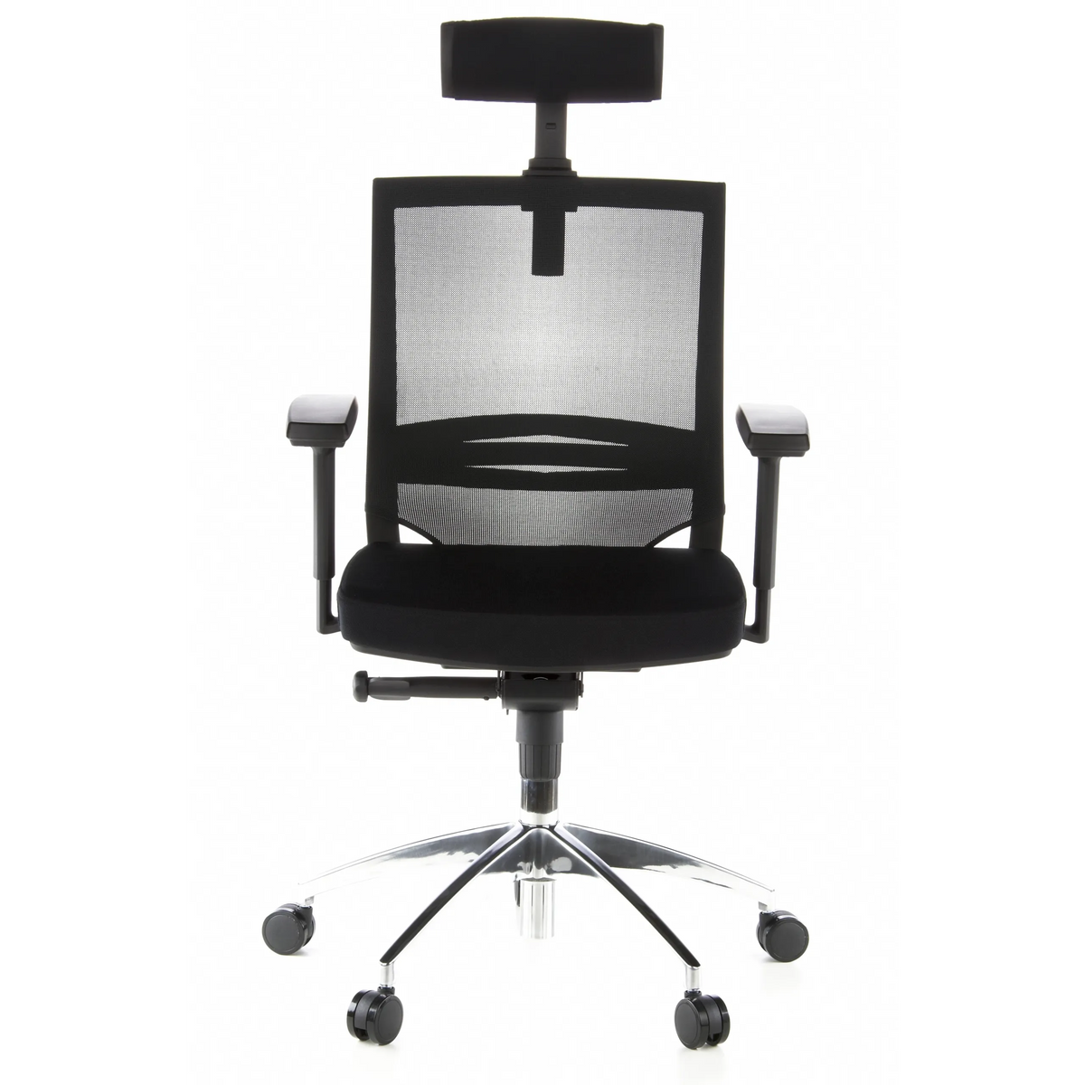 Silla de oficina profesional PORTO MAX negra con respaldo de malla, reposacabezas y base de cinco ruedas de hjh OFFICE – vista de 360° (vista frontal 0°)