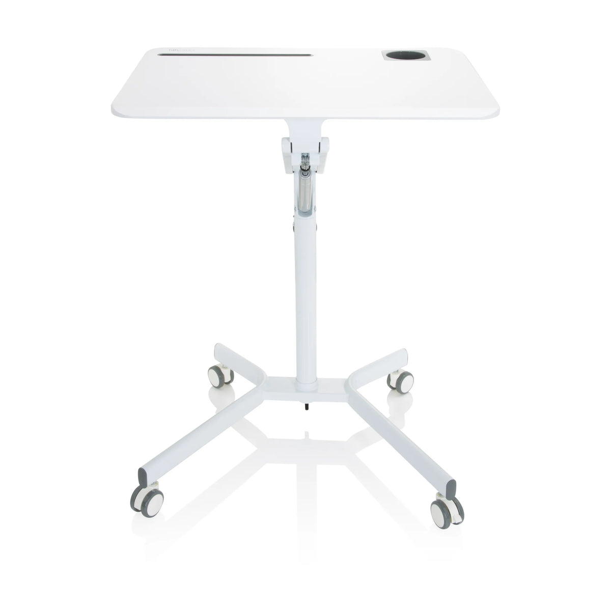 Escritorio de pie blanco STAND VM-SU I con pata regulable en altura y base de cinco ruedas de hjh OFFICE – vista de 360° (vista frontal 0°)
