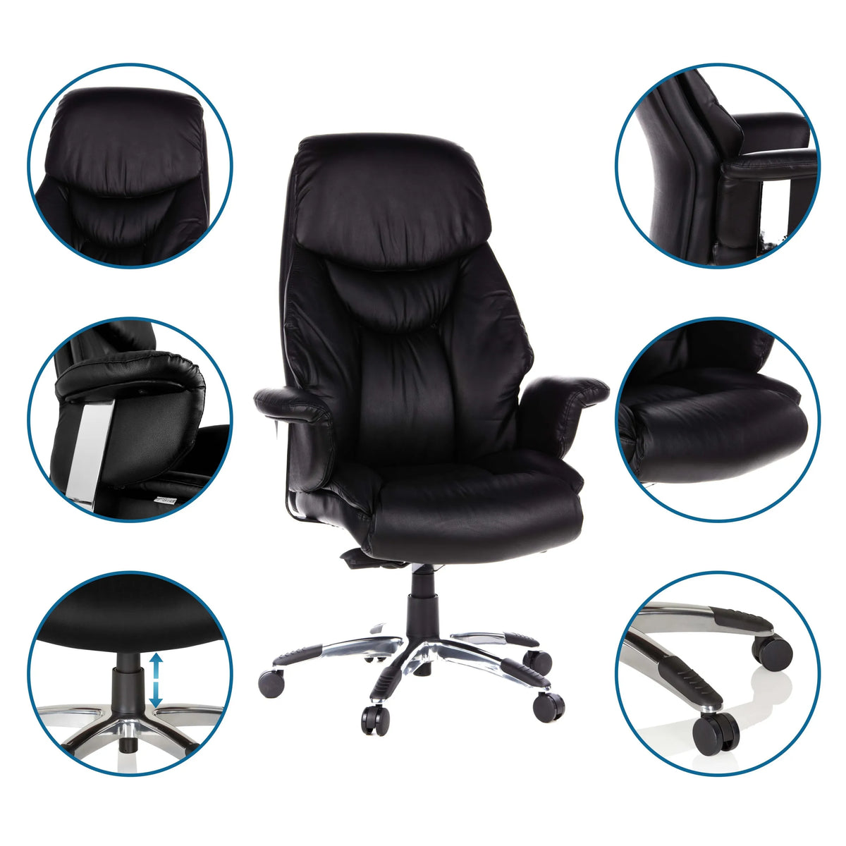 Sillón de alta gama PRADO de cuero sintético negro con vistas detalladas del tapizado, reposabrazos y ruedas de hjh OFFICE