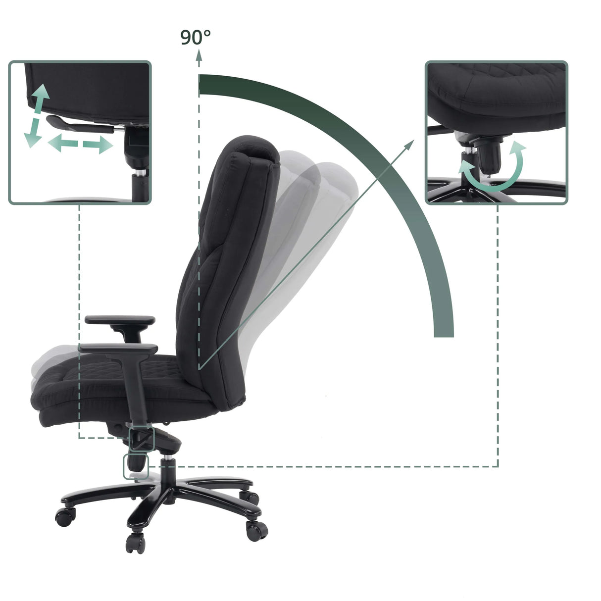 Mecanismos de ajuste e inclinación del respaldo de 90 grados de la silla giratoria XXL Pullmann Gen2 de hjh OFFICE