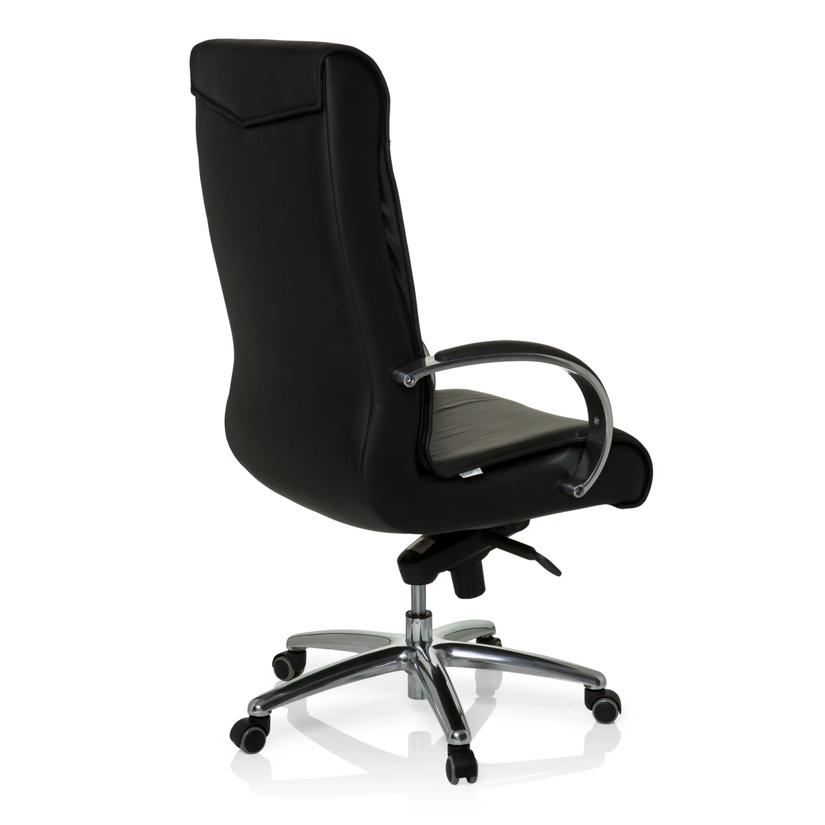 Silla giratoria XXL F 400 negra de cuero con base de estrella y cinco ruedas de hjh OFFICE – vista de 360° (vista trasera en diagonal 120°)