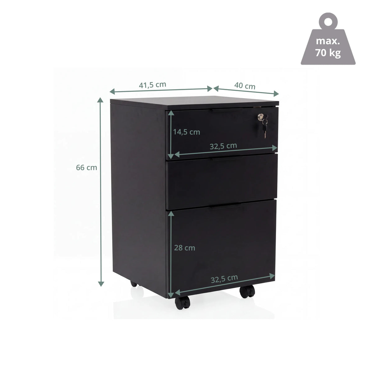 Plano dimensional del archivador rodante DAVIK con una altura de 66 cm y una capacidad de carga de 70 kg de hjh OFFICE
