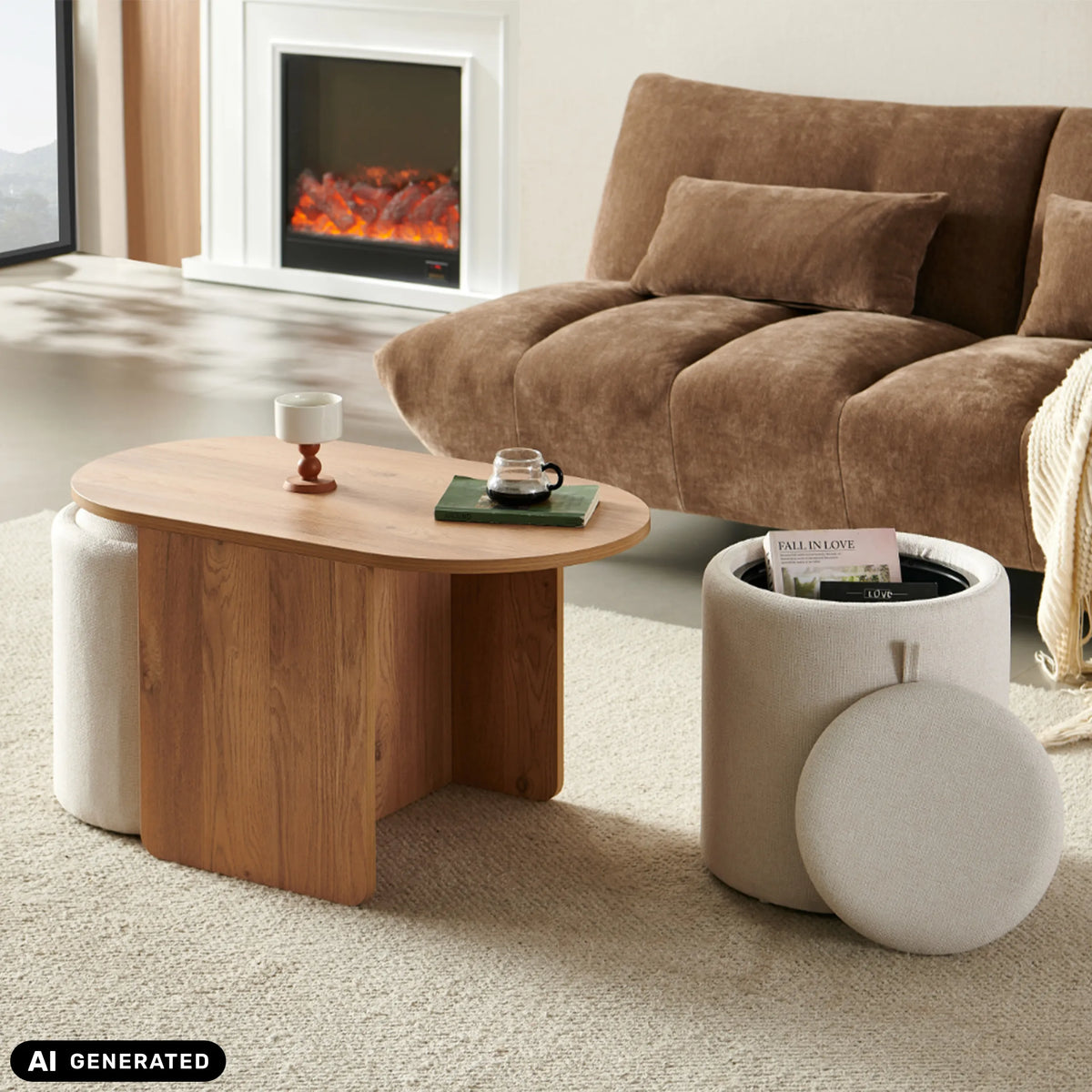 Mesa auxiliar Nestup en aspecto nogal con elemento tapizado blanco de hjh LIVING (imagen generada por IA)