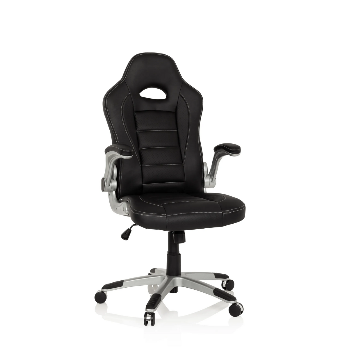 Silla gaming negra GAME SPORT con reposacabezas, reposabrazos y base plateada de cinco ruedas de hjh OFFICE – vista de 360° (vista frontal 10°)