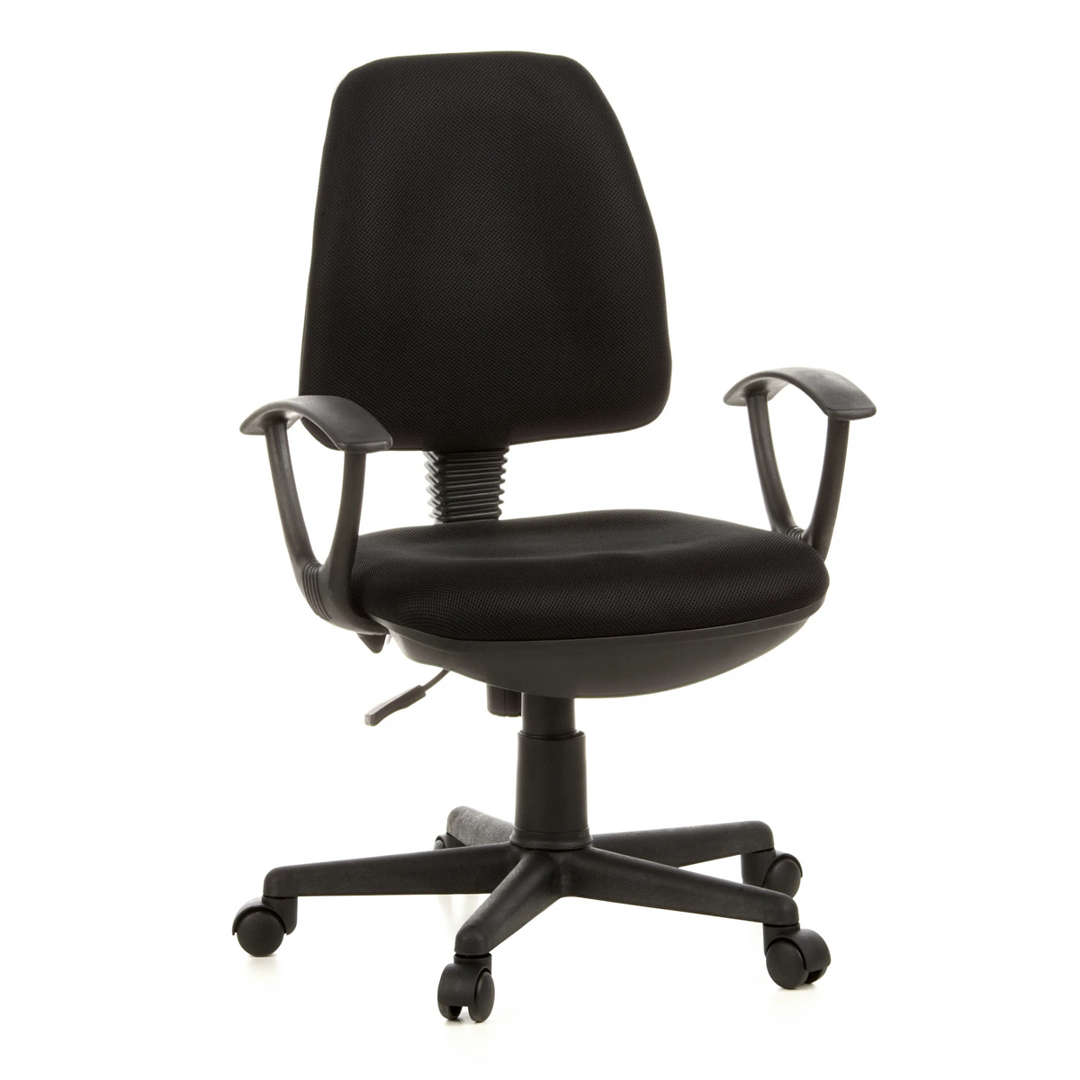 Silla Home Office CITY 10 negra con respaldo de malla, reposabrazos y base de cinco ruedas de hjh OFFICE – vista de 360° (vista frontal 20°)