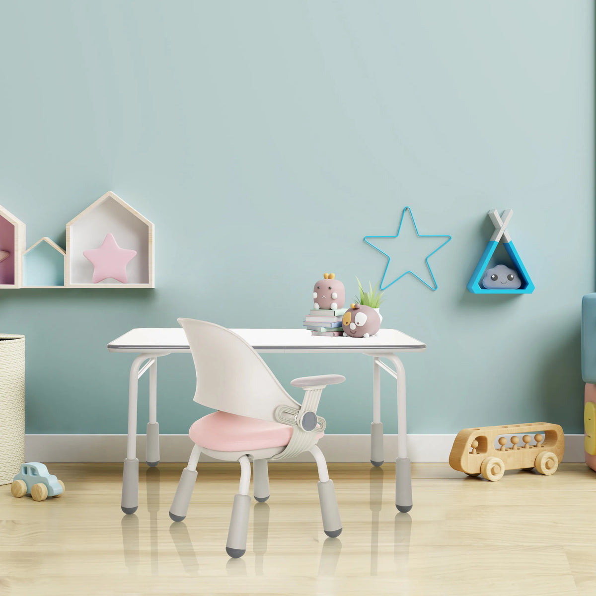 Silla para niños KID GRO SET en rosa con un escritorio blanco en un cuarto infantil de hjh OFFICE
