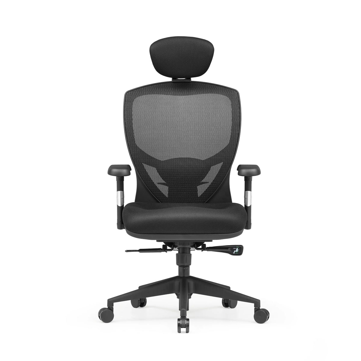 Silla alta gama VENUS BASE negra con respaldo de malla, reposacabezas y base de cinco ruedas de hjh OFFICE – vista de 360° (vista frontal 0°)
