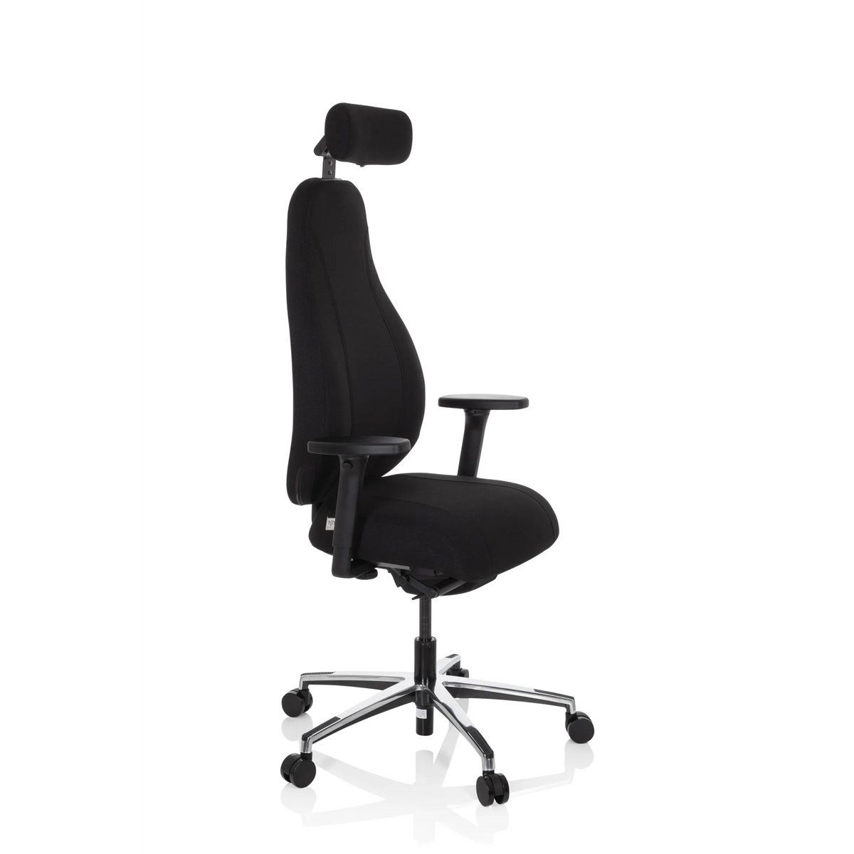 Silla alta gama RESISTIO negra con reposacabezas y base de cinco ruedas de hjh OFFICE – vista de 360° (vista frontal en diagonal 60°)