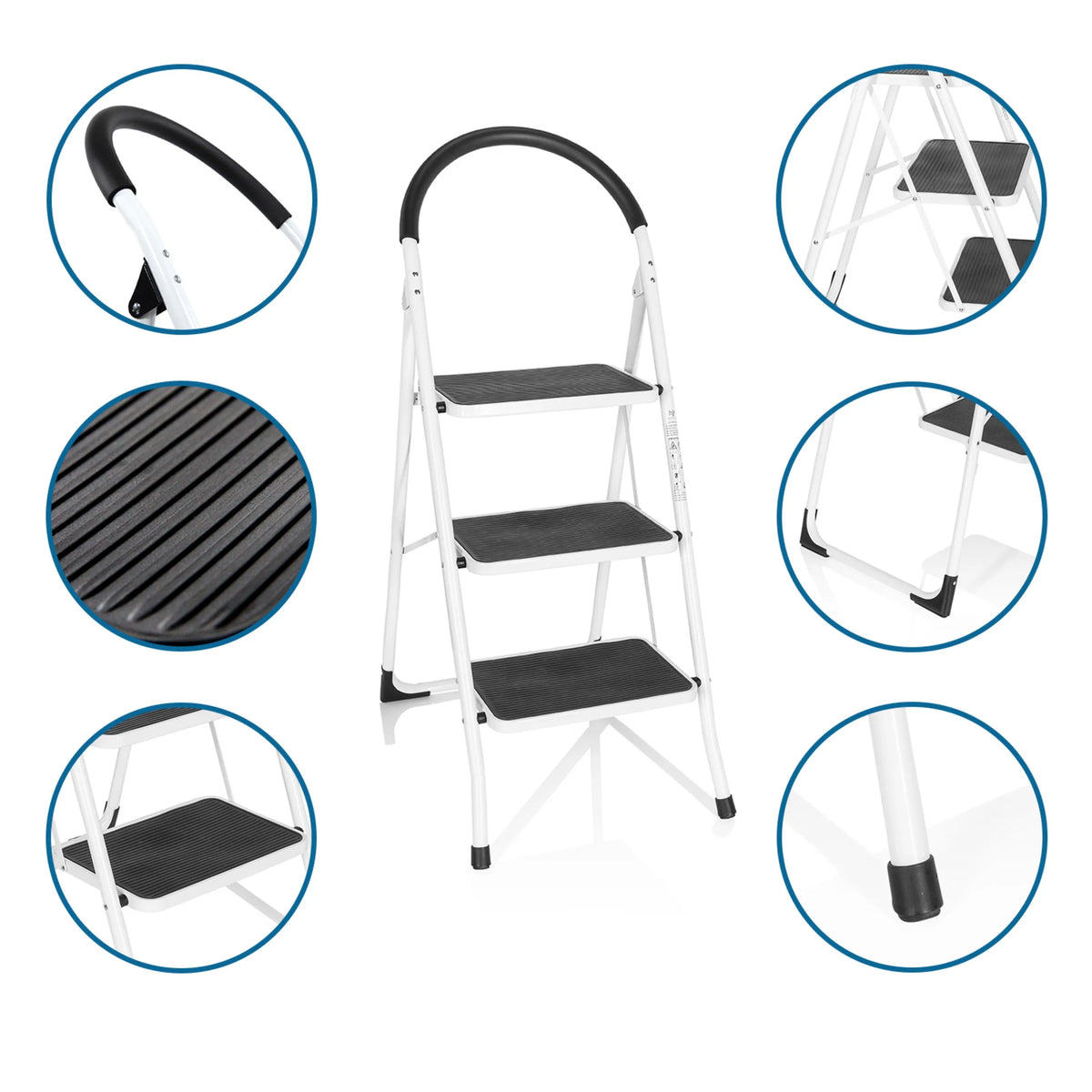 Escalera plegable de tres peldaños SOLID W2 en blanco con peldaños antideslizantes y asa de hjh OFFICE