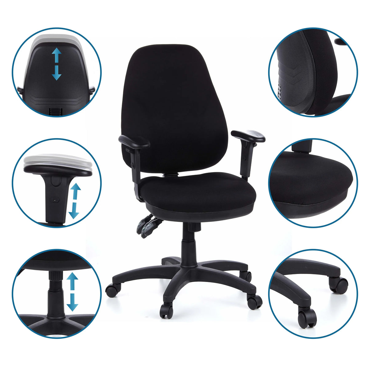 Silla de oficina profesional ZENIT PRO en negro con varias vistas detalladas de las opciones de ajuste de hjh OFFICE