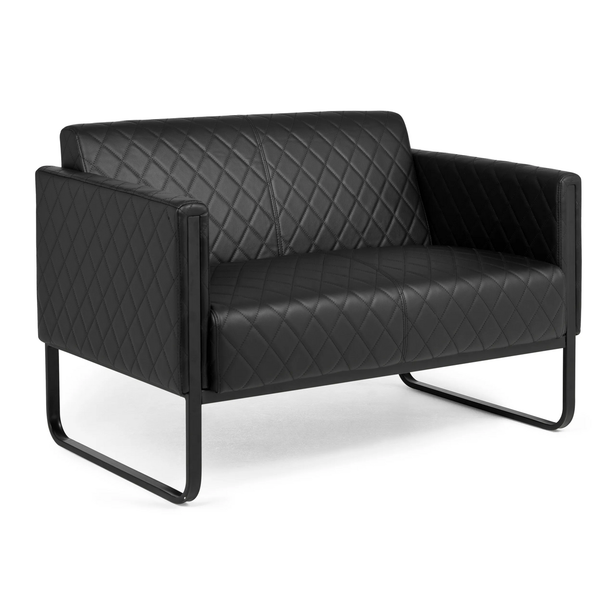 Sofá de diseño negro ARUBA BLACK de dos plazas con capitoné y base de patín de hjh OFFICE – vista de 360° (vista trasera 180°)