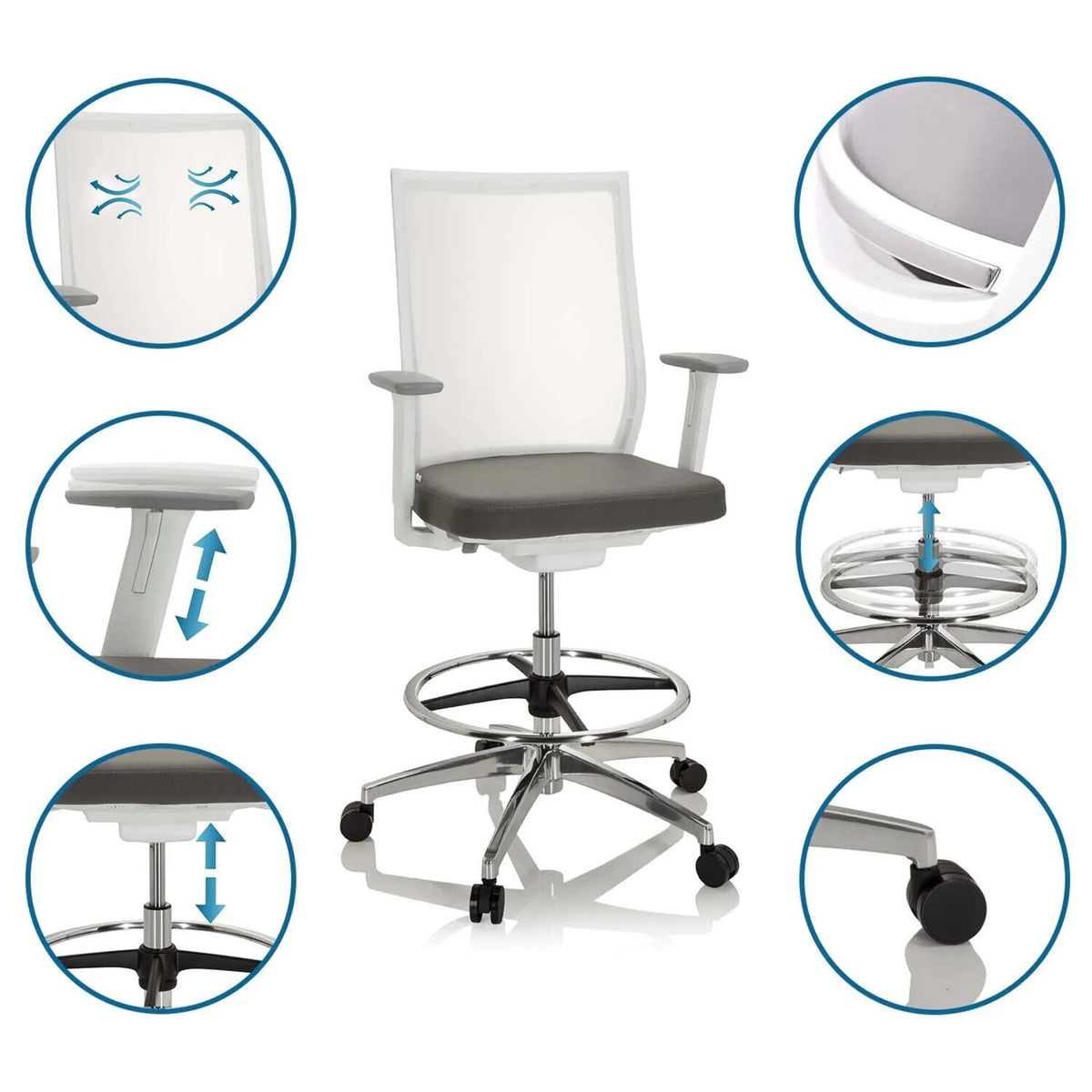 Silla de mostrador ASPEN WORK W gris con reposapiés, ruedas y respaldo transpirable de hjh OFFICE