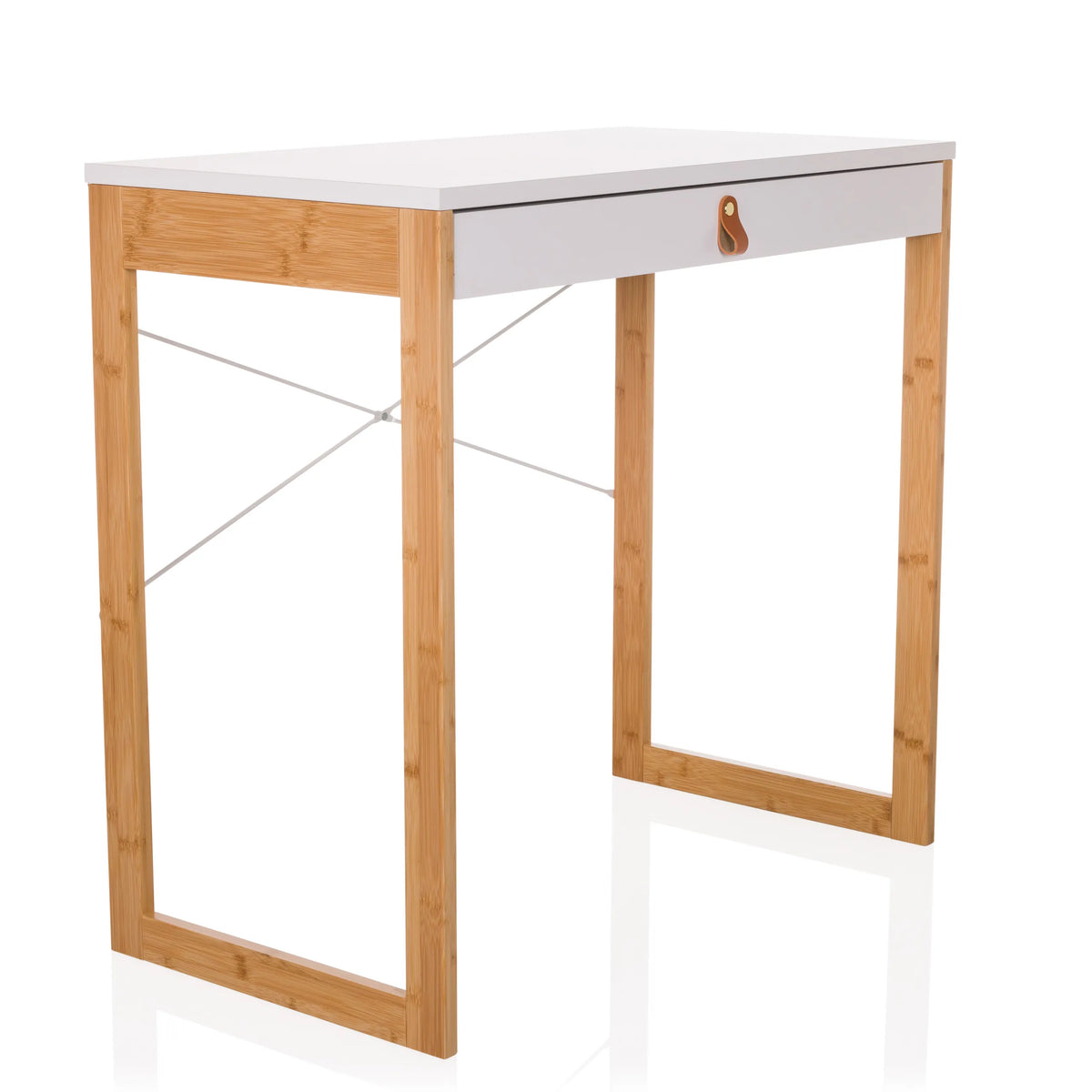 Escritorio blanco TAROLO II con un cajón, tirador de cuero marrón y patas de madera de hjh LIVING – vista de 360° (vista frontal en diagonal 45°)