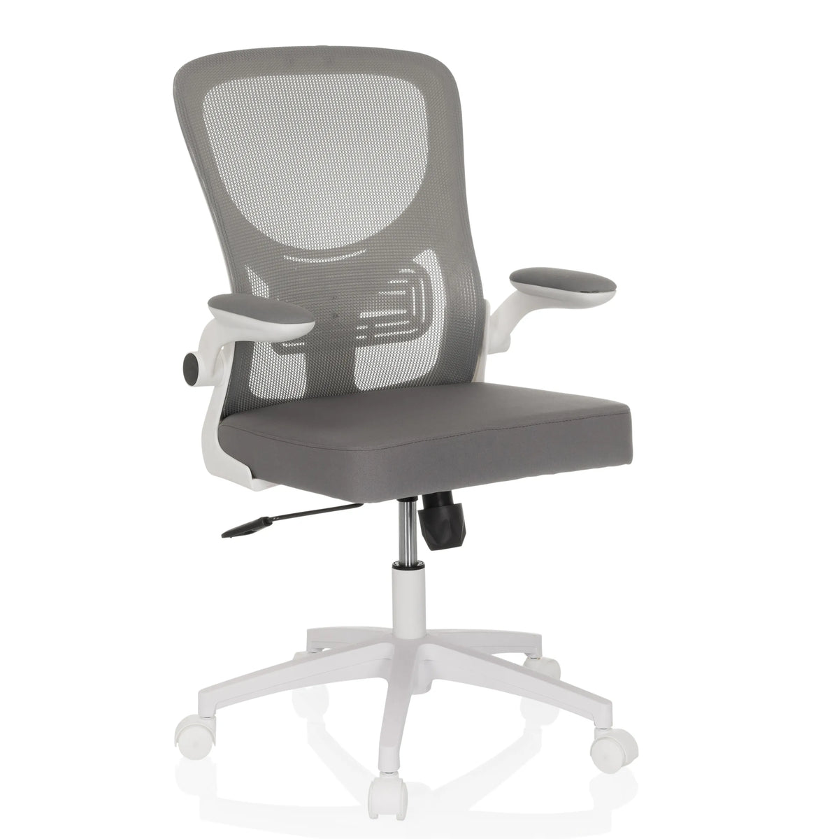 Silla Home Office BELIO W gris con respaldo de malla y base blanca de cinco ruedas de hjh OFFICE – vista de 360° (vista frontal en diagonal 30°)