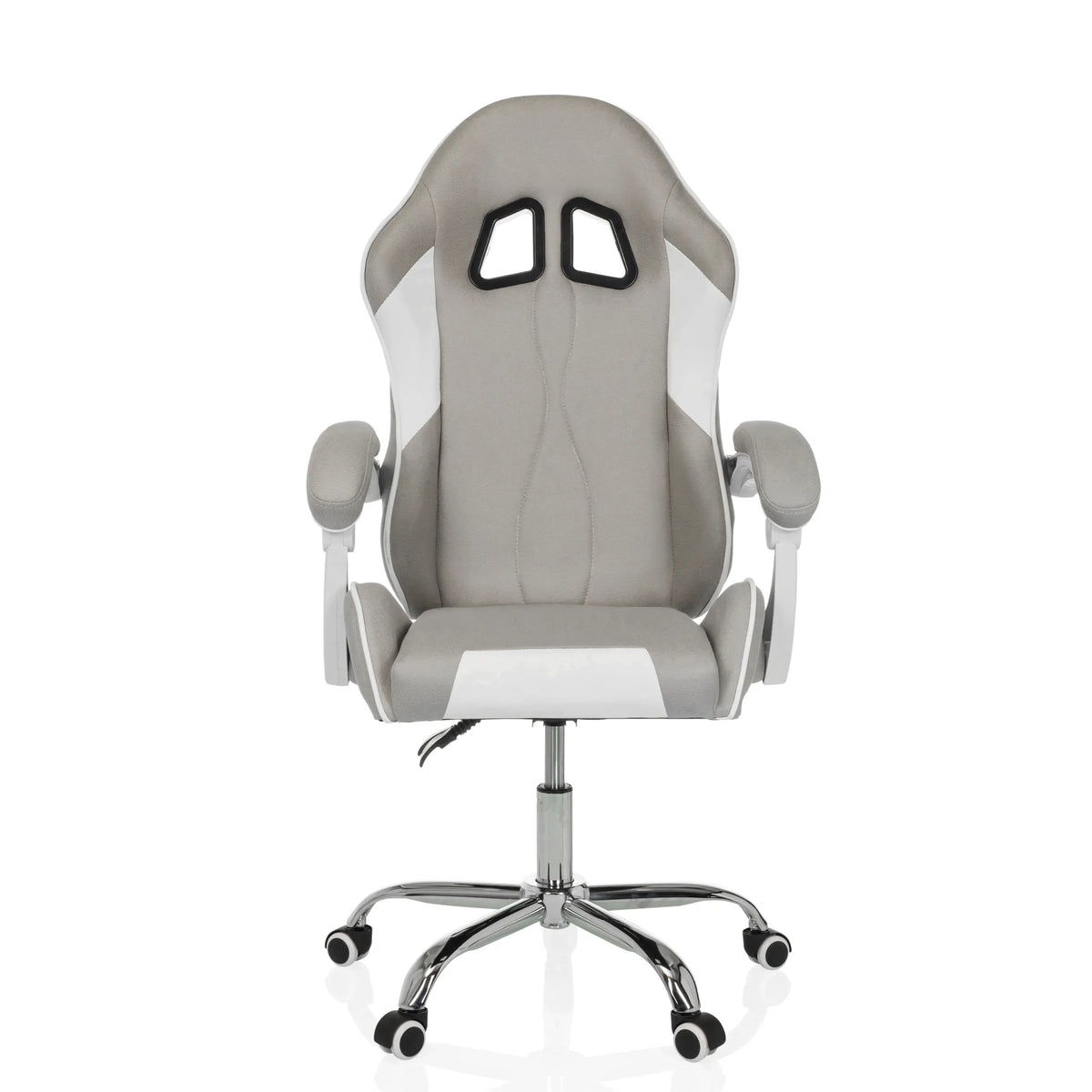 Silla gaming GAMEBREAKER W03 en color gris y blanco con dos aberturas para reposacabezas y base de cinco ruedas de MyBuero – vista de 360° (vista frontal 0°)