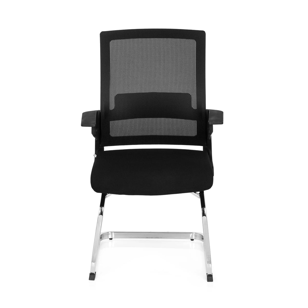 Silla de viga voladiza INVENTOR V negra con respaldo de malla, reposabrazos y base de patín de hjh OFFICE – vista de 360° (vista frontal 0°)