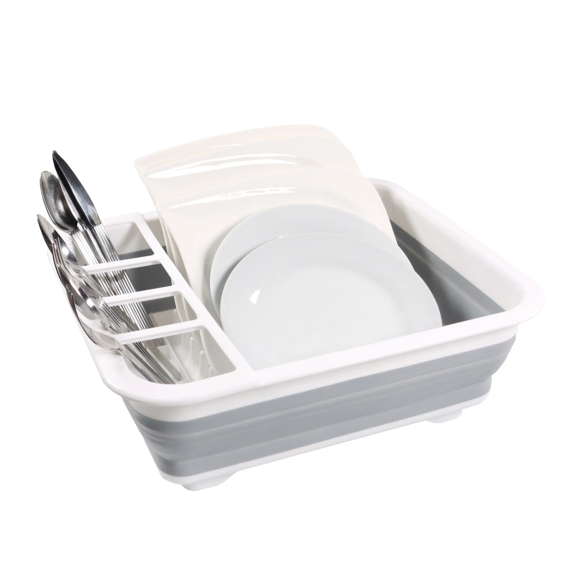 Contenedor plegable CLEAN SIL en gris y blanco con cubiertero integrado y vajilla de hjh OFFICE