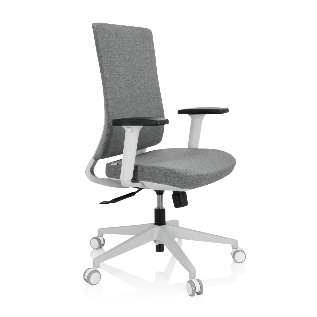 Silla de oficina profesional COMFIO WP gris con reposabrazos y base blanca de cinco ruedas de hjh OFFICE – vista de 360° (vista frontal en diagonal 60°)